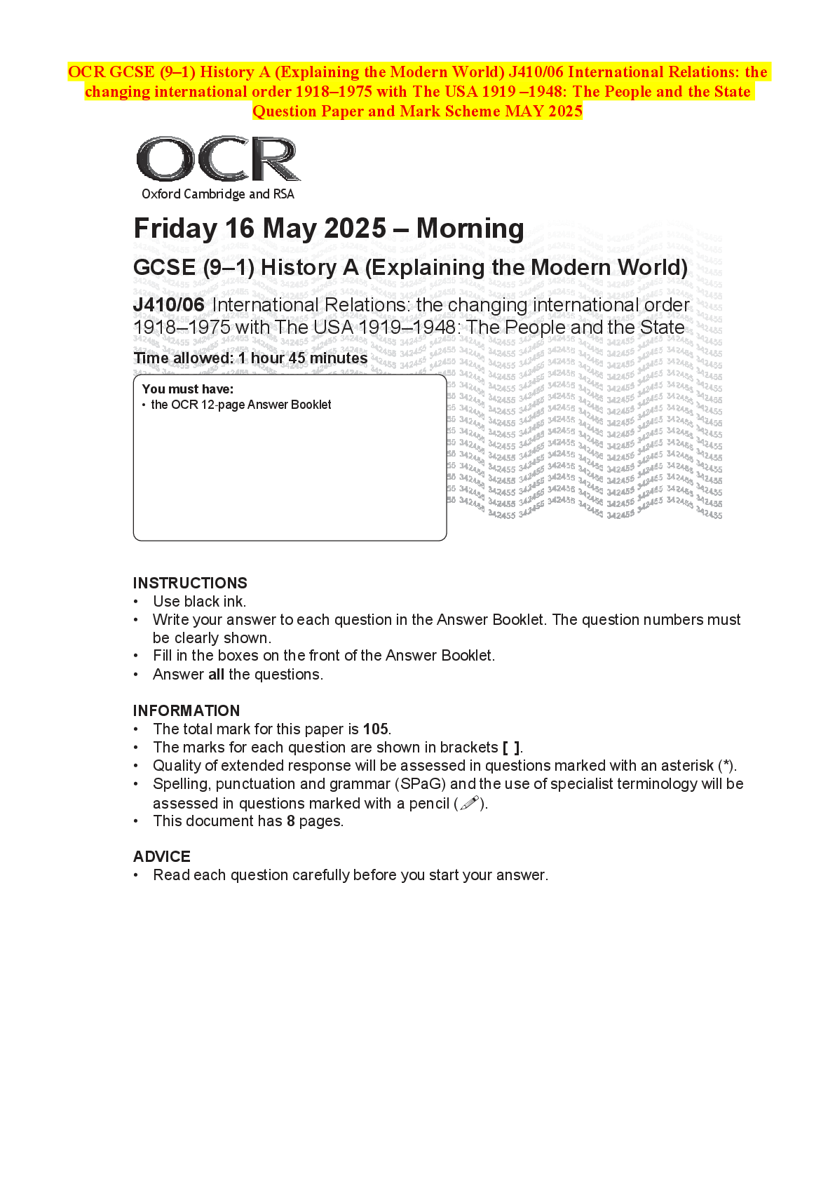 Recommended document preview for OCR GCSE (9–1) History A (Explaining the Modern World) J410/06 International Relations: the changing international order 1918–1975 with The USA 1919 –1948: The People and the State Question Paper and Mark Scheme MAY 2025