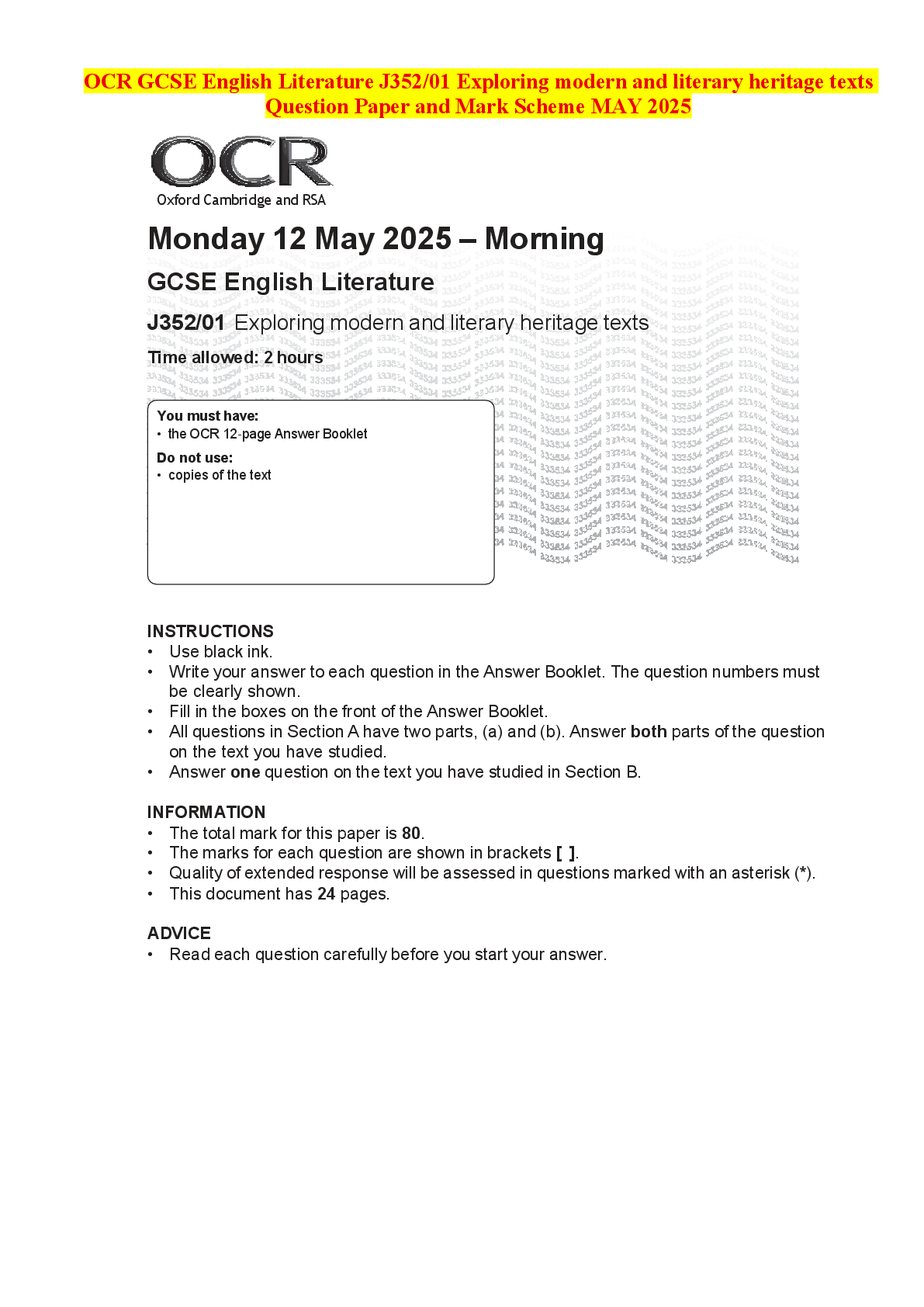 Recommended document preview for OCR GCSE English Literature J352/01 Exploring modern and literary heritage texts Question Paper and Mark Scheme MAY 2025