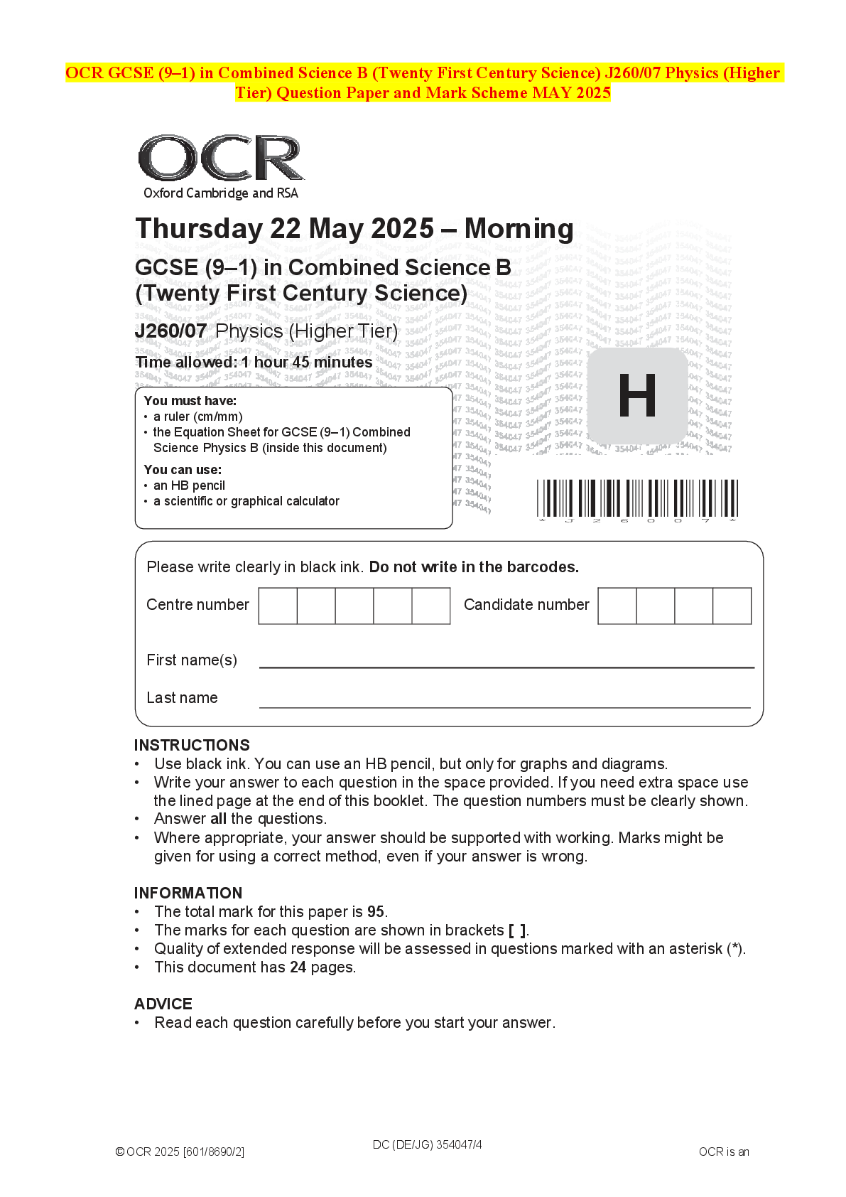 Recommended document preview for OCR GCSE (9–1) Combined Science B (Twenty First Century Science) J260/06 Chemistry (Higher Tier) Question Paper and Mark Scheme MAY 2025