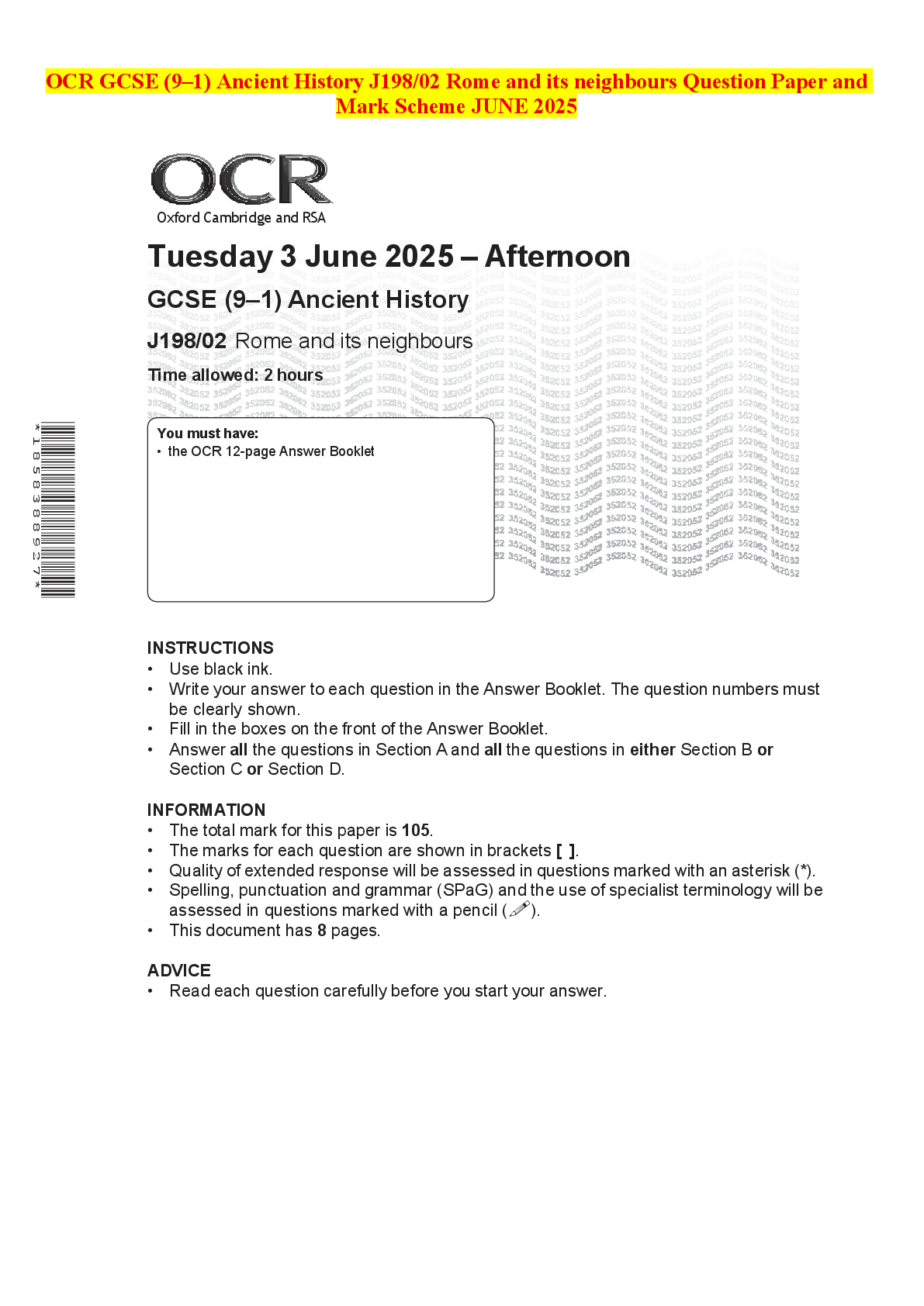 Recommended document preview for OCR GCSE (9–1) Ancient History J198/02 Rome and its neighbours Question Paper and Mark Scheme JUNE 2025
