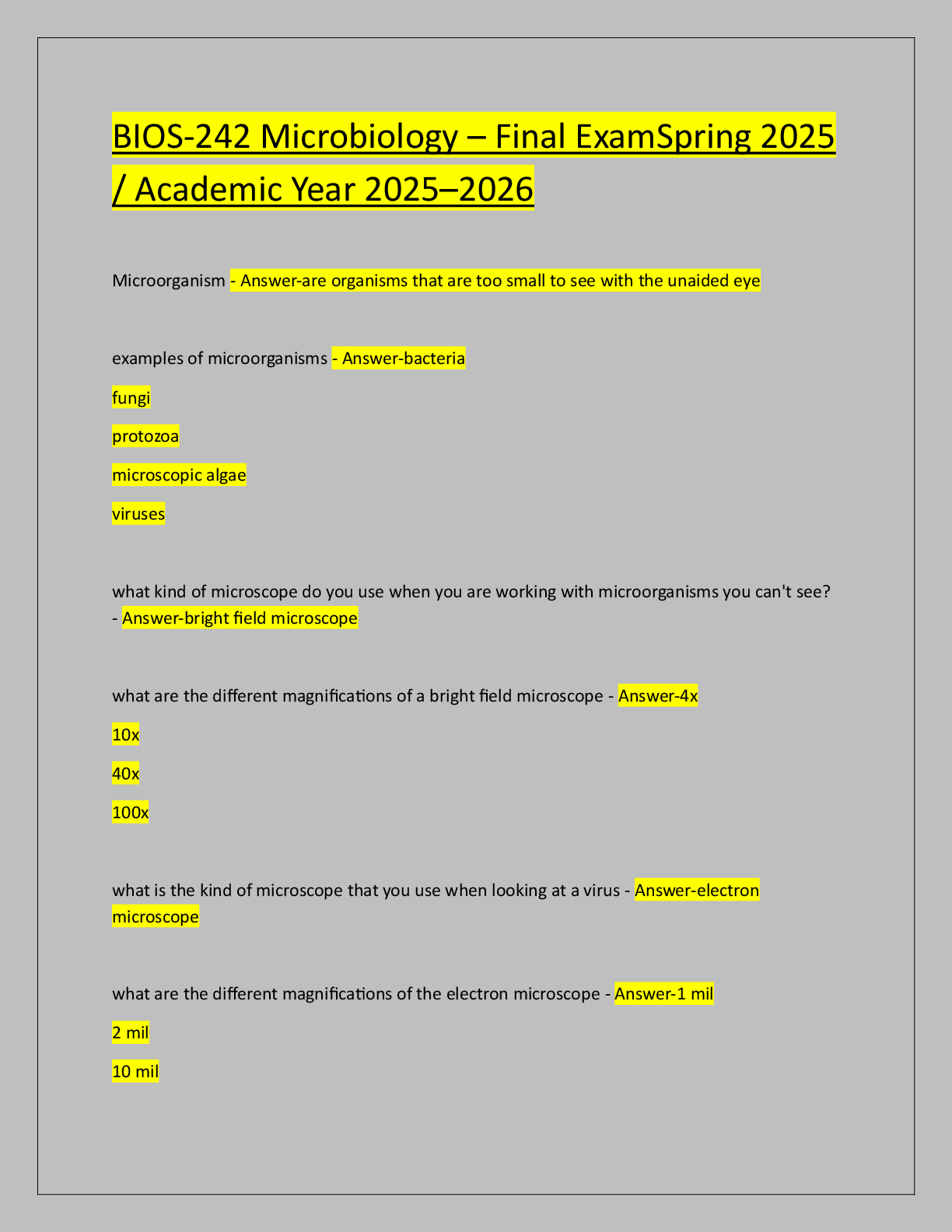 Recommended document preview for BIOS-242 Microbiology – Final ExamSpring 2025  / Academic Year 2025–2026