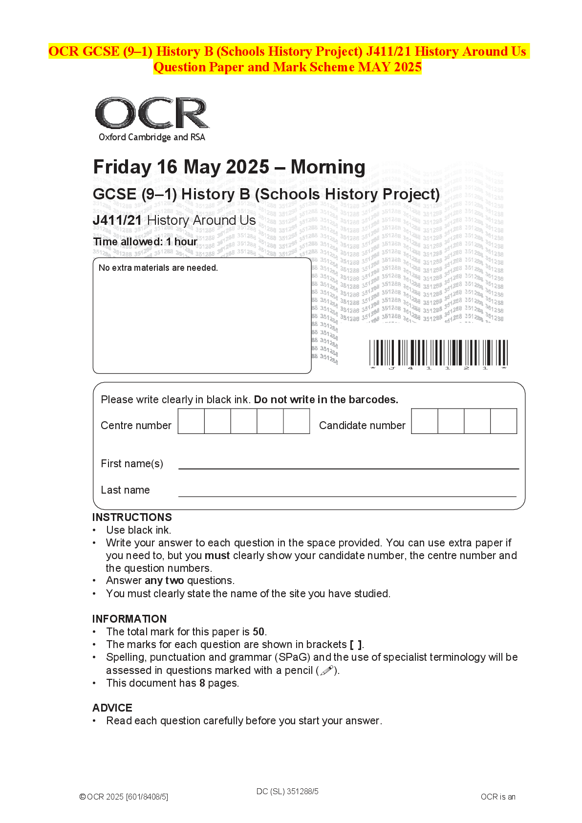 Recommended document preview for OCR GCSE (9–1) History B (Schools History Project) J411/21 History Around Us Question Paper and Mark Scheme MAY 2025