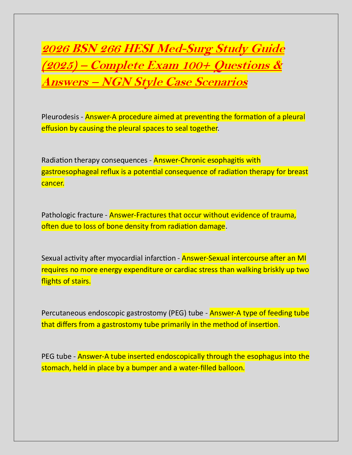 Recommended document preview for 2026 BSN 266 HESI Med-Surg Study Guide  (2025) – Complete Exam 100+ Questions &  Answers – NGN Style Case Scenarios