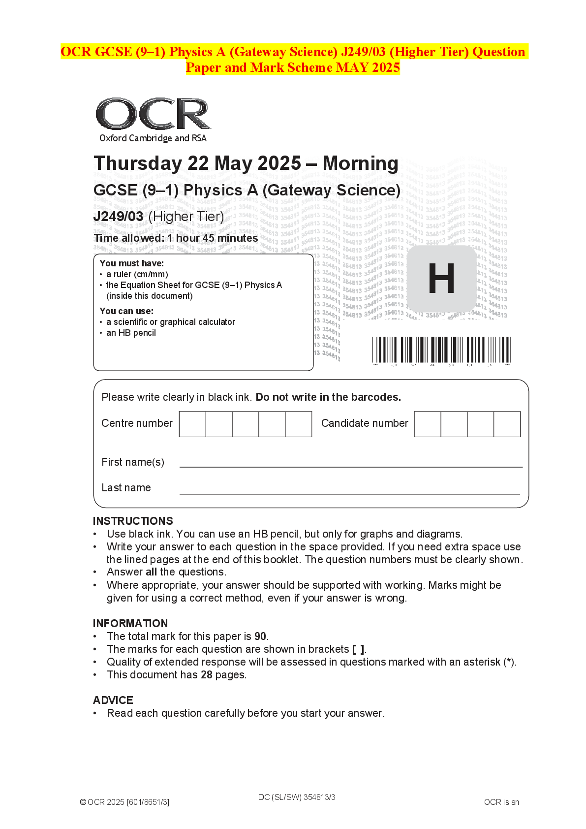 Recommended document preview for OCR GCSE (9–1) Physics A (Gateway Science) J249/03 (Higher Tier) Question Paper and Mark Scheme MAY 2025