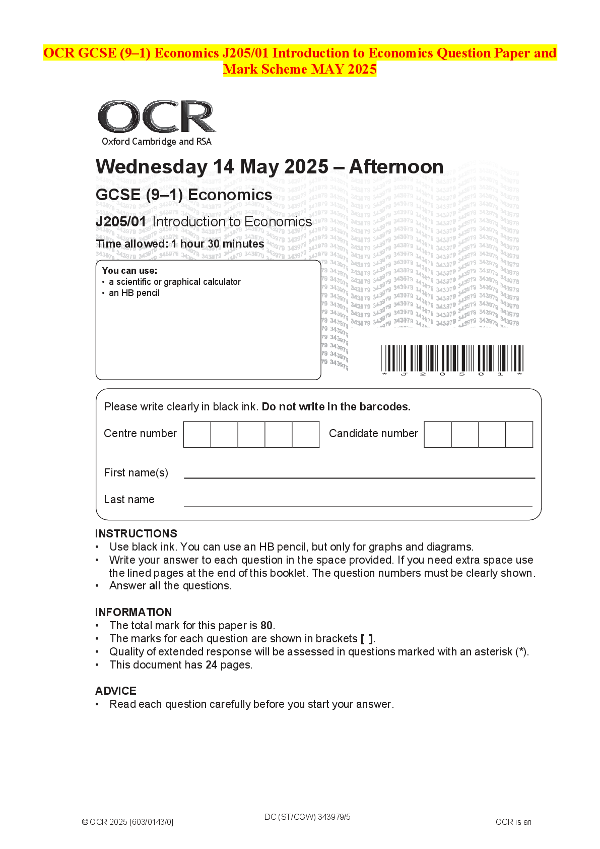 Recommended document preview for OCR GCSE (9–1) Economics J205/01 Introduction to Economics Question Paper and Mark Scheme MAY 2025