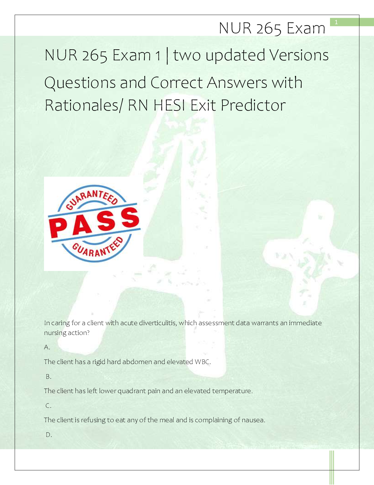 Preview of NUR 265 Exam 1 | two updated Versions   Questions and Correct Answers with  Rationales/ RN