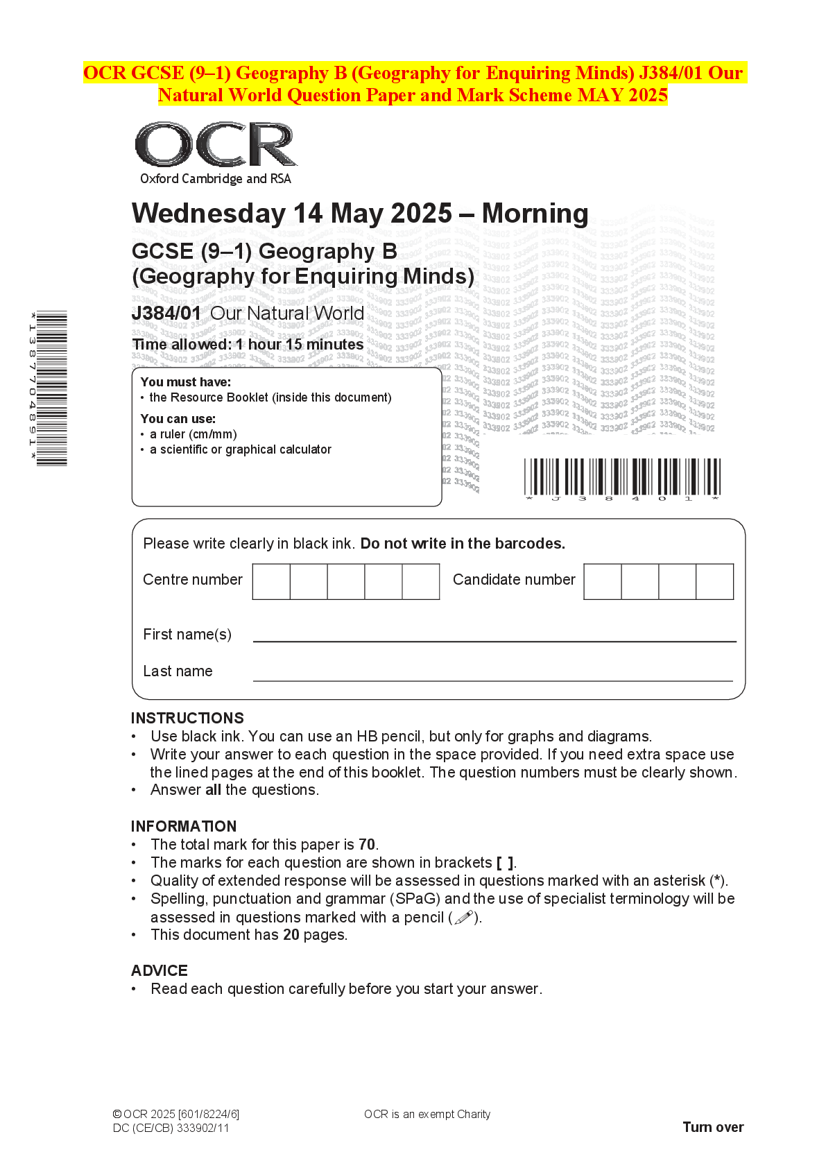 Recommended document preview for OCR GCSE (9–1) Geography B (Geography for Enquiring Minds) J384/01 Our Natural World Question Paper and Mark Scheme MAY 2025