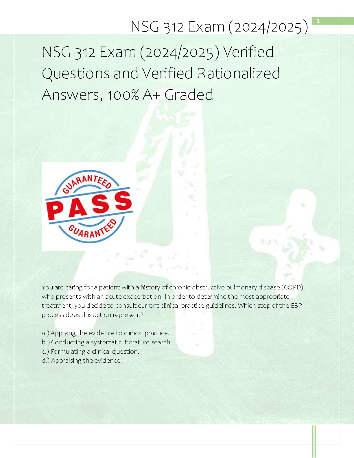 Recommended document preview for NSG 312 Exam (2024/2025) Verified   Questions and Verified Rationalized  Answers, 100% A+ Graded