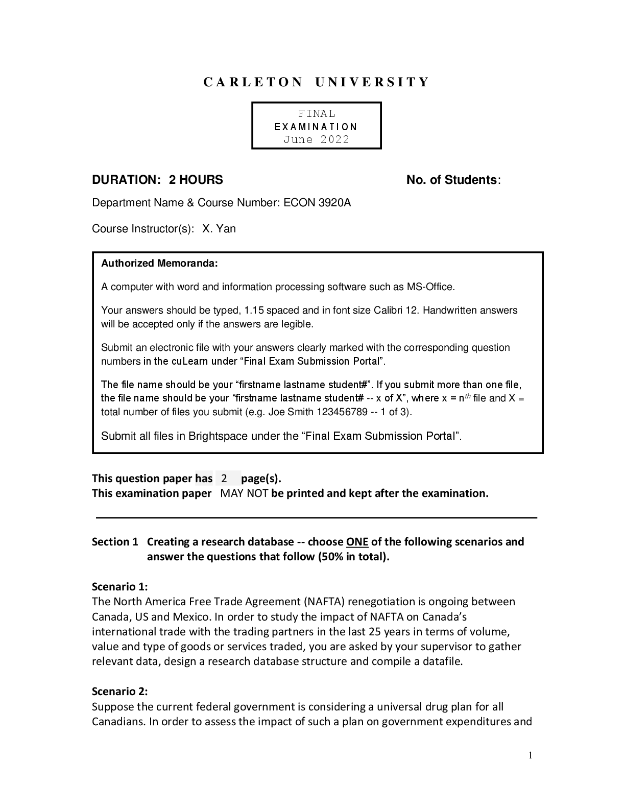ECON 3920 FINAL EXAMINATION