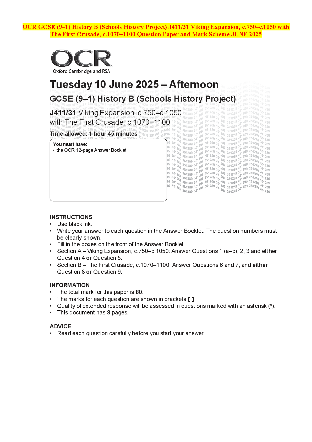 Recommended document preview for OCR GCSE (9–1) History B (Schools History Project) J411/31 Viking Expansion, c.750–c.1050 with The First Crusade, c.1070–1100 Question Paper and Mark Scheme JUNE 2025