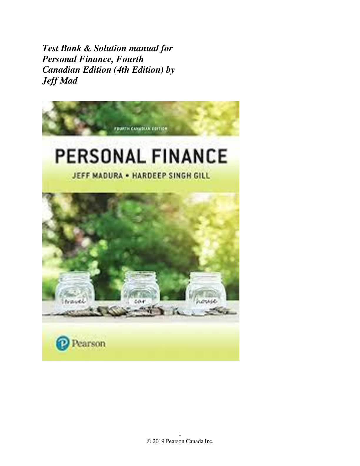 Preview of Test Bank & Solution manual for  Personal Finance, Fourth  Canadian Edition (4th Edition)