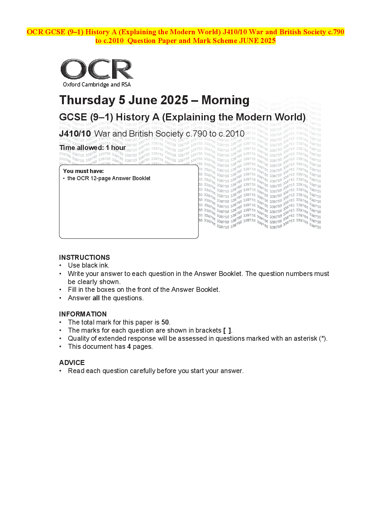 Recommended document preview for OCR GCSE (9–1) History A (Explaining the Modern World) J410/10 War and British Society c.790 to c.2010 Question Paper and Mark Scheme JUNE 2025