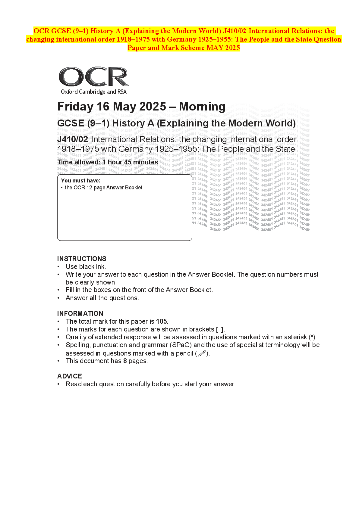 Recommended document preview for OCR GCSE (9–1) History A (Explaining the Modern World) J410/02 International Relations: the changing international order 1918–1975 with Germany 1925–1955: The People and the State Question Paper and Mark Scheme MAY 2025
