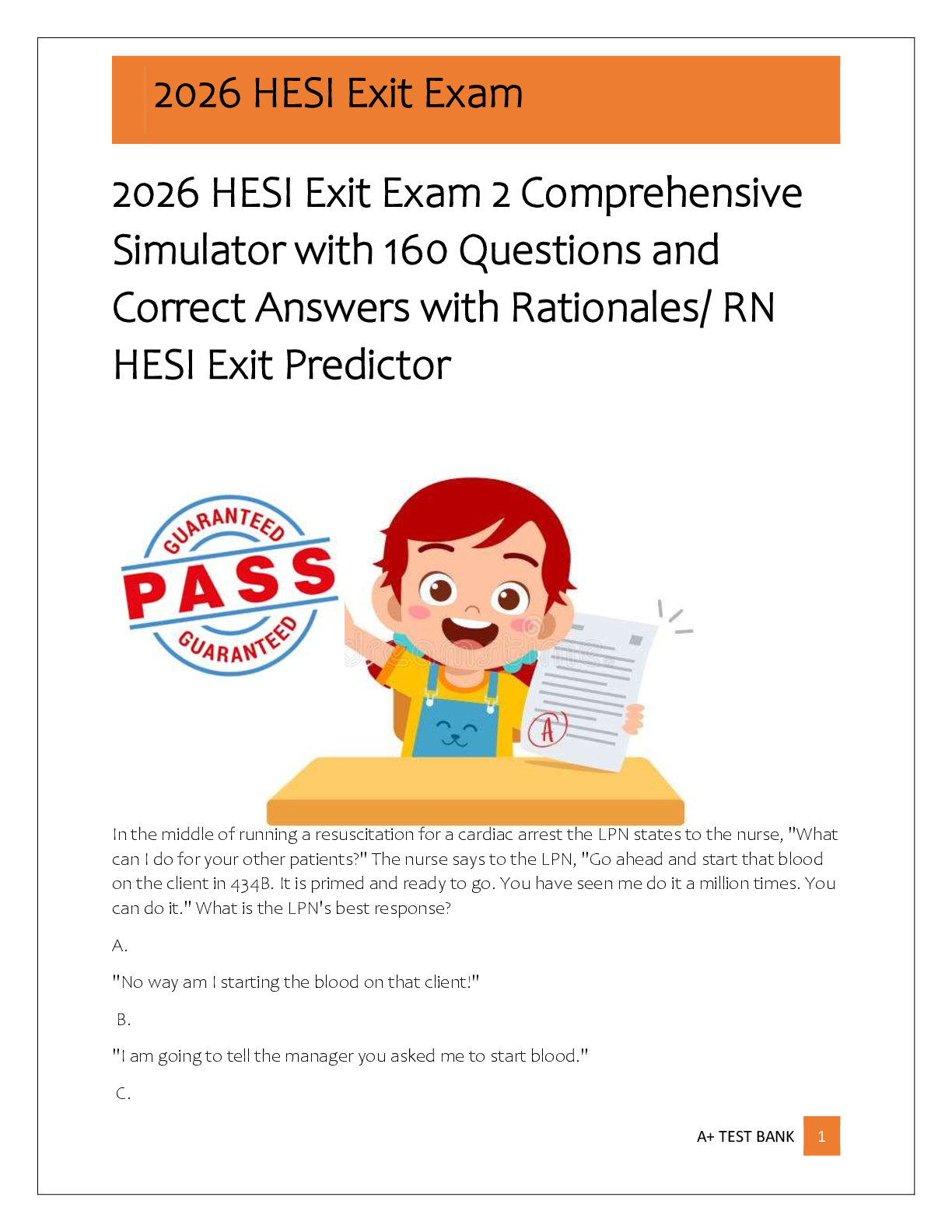 Recommended document preview for 2026 HESI Exit Exam 2 Comprehensive  Simulator with 160 Questions and  Correct Answers with Rationales/ RN  HESI Exit Predictor