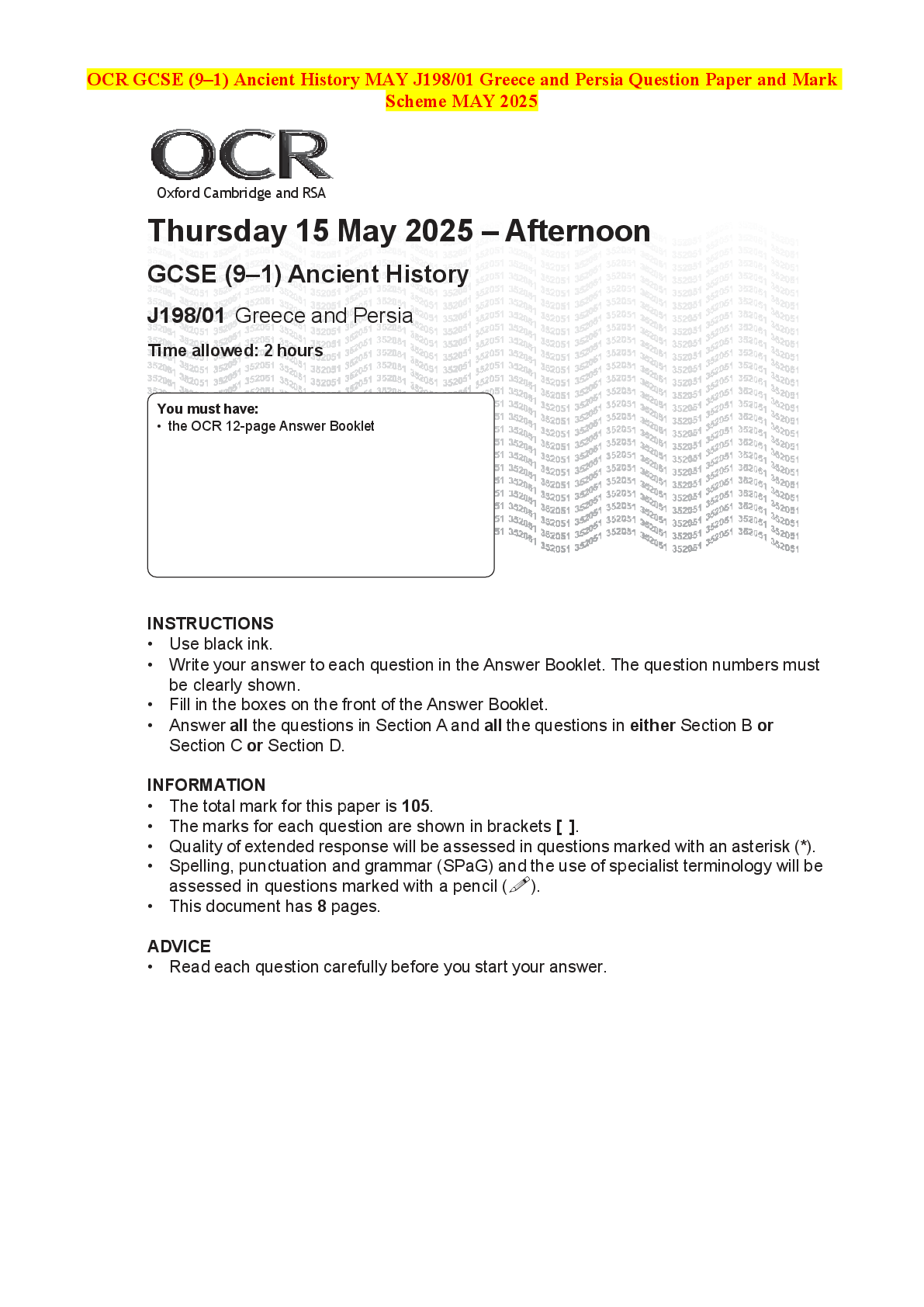 Recommended document preview for OCR GCSE (9–1) Ancient History MAY J198/01 Greece and Persia Question Paper and Mark Scheme MAY 2025