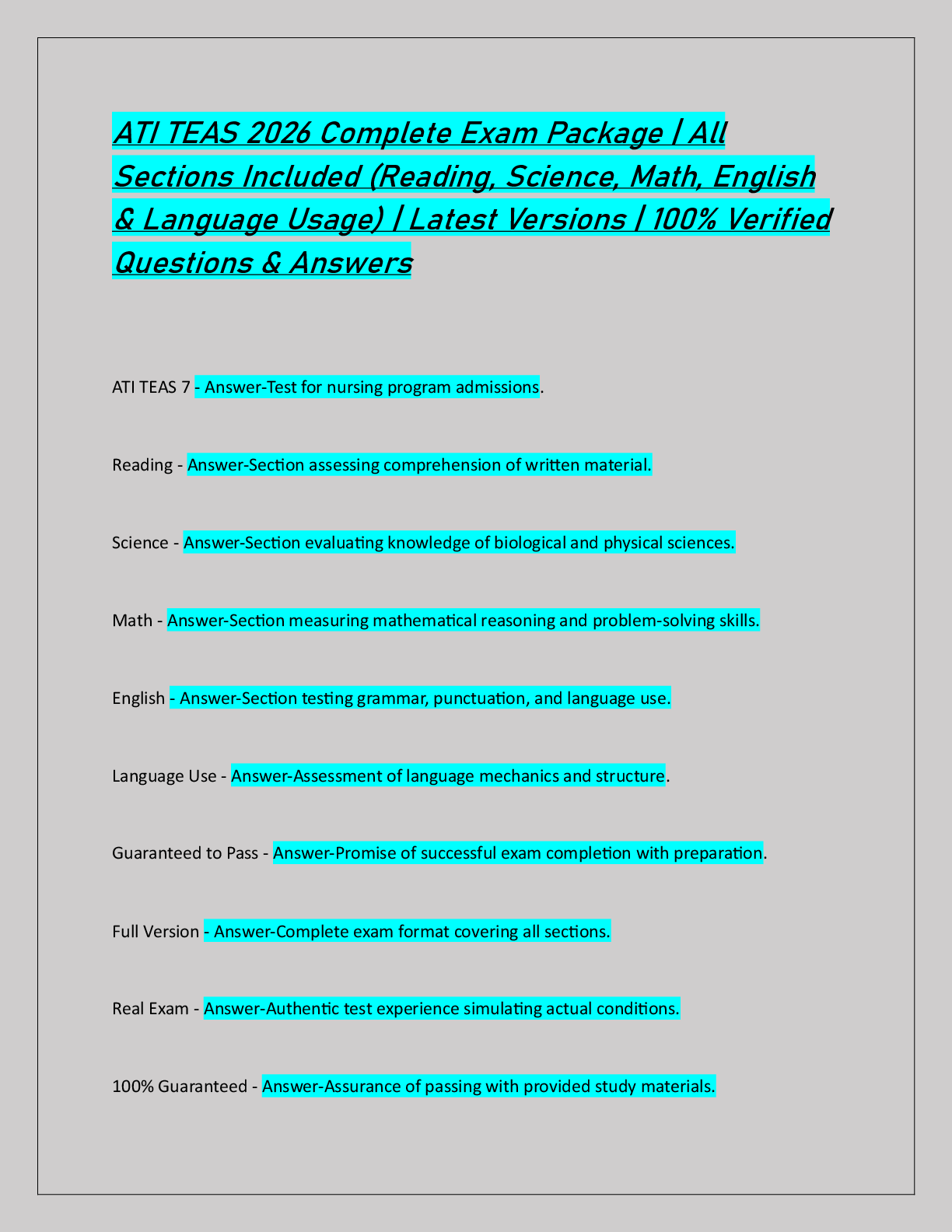 Recommended document preview for ATI TEAS 2026 Complete Exam Package | All  Sections Included (Reading, Science, Math, English  & Language Usage) | Latest Versions | 100% Verified  Questions & Answers