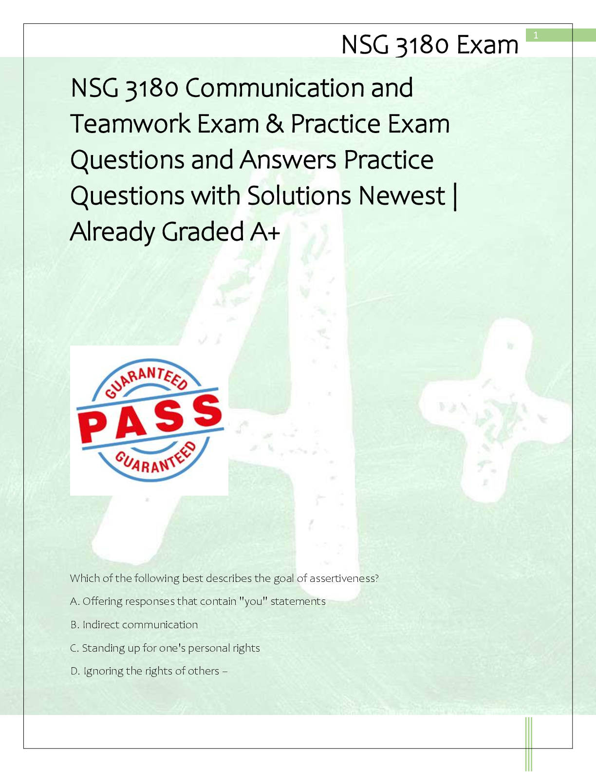 Recommended document preview for NSG 3180 Communication and  Teamwork Exam & Practice Exam  Questions and Answers Practice  Questions with Solutions Newest |  Already Graded A+