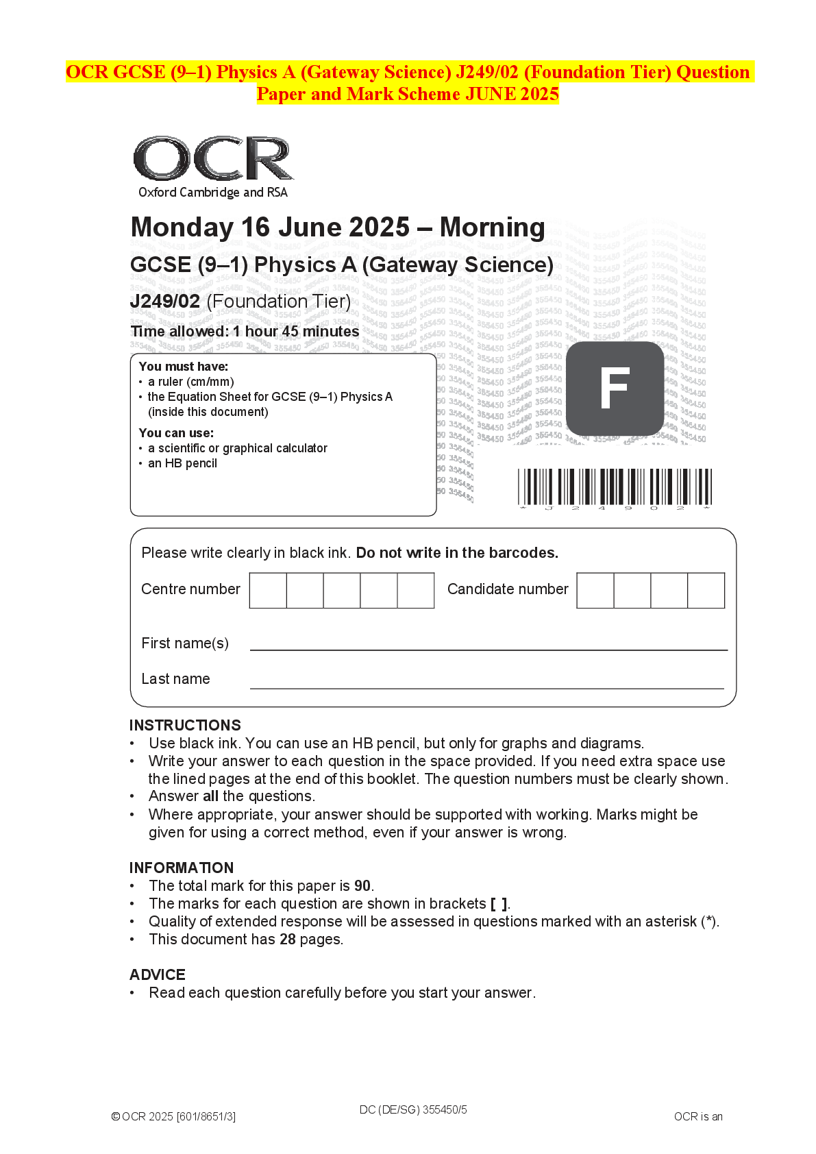Recommended document preview for OCR GCSE (9–1) Physics A (Gateway Science) J249/02 (Foundation Tier) Question Paper and Mark Scheme JUNE 2025