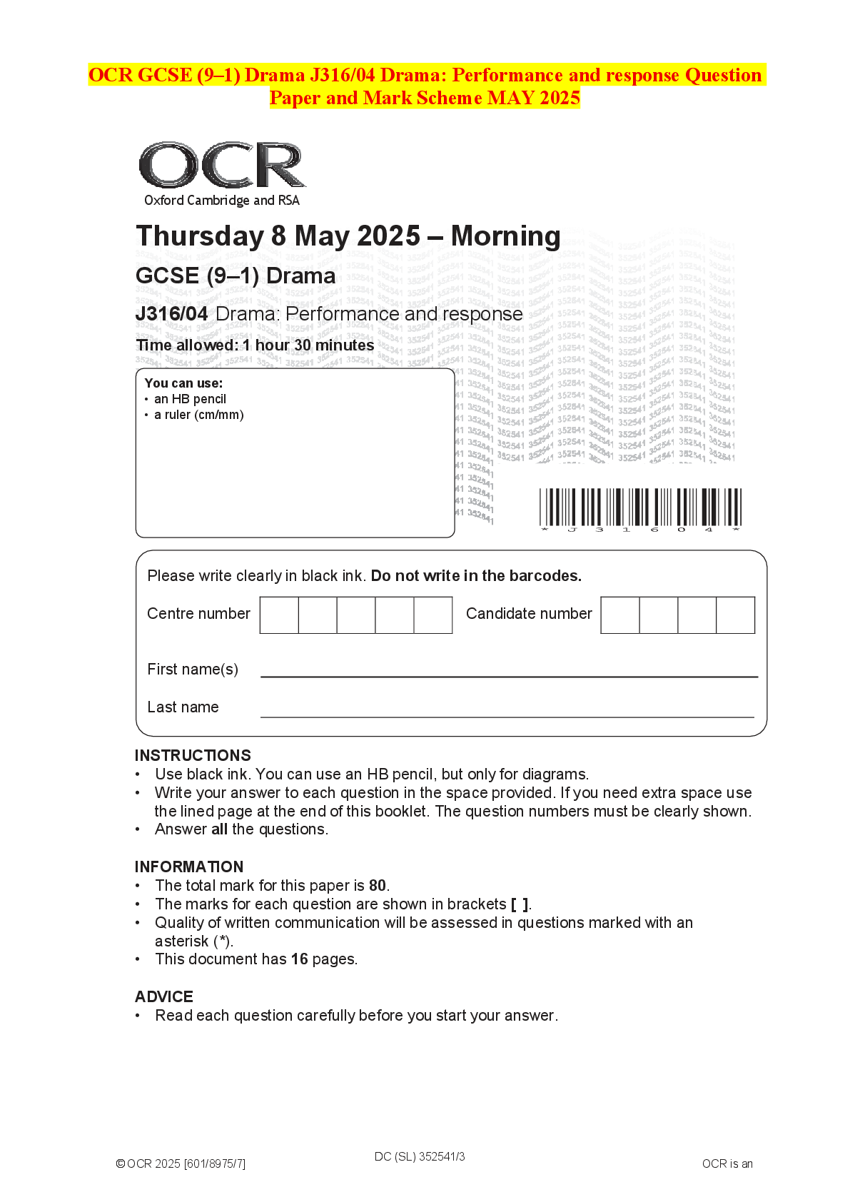 Recommended document preview for OCR GCSE (9–1) Drama J316/04 Drama: Performance and response Question Paper and Mark Scheme MAY 2025