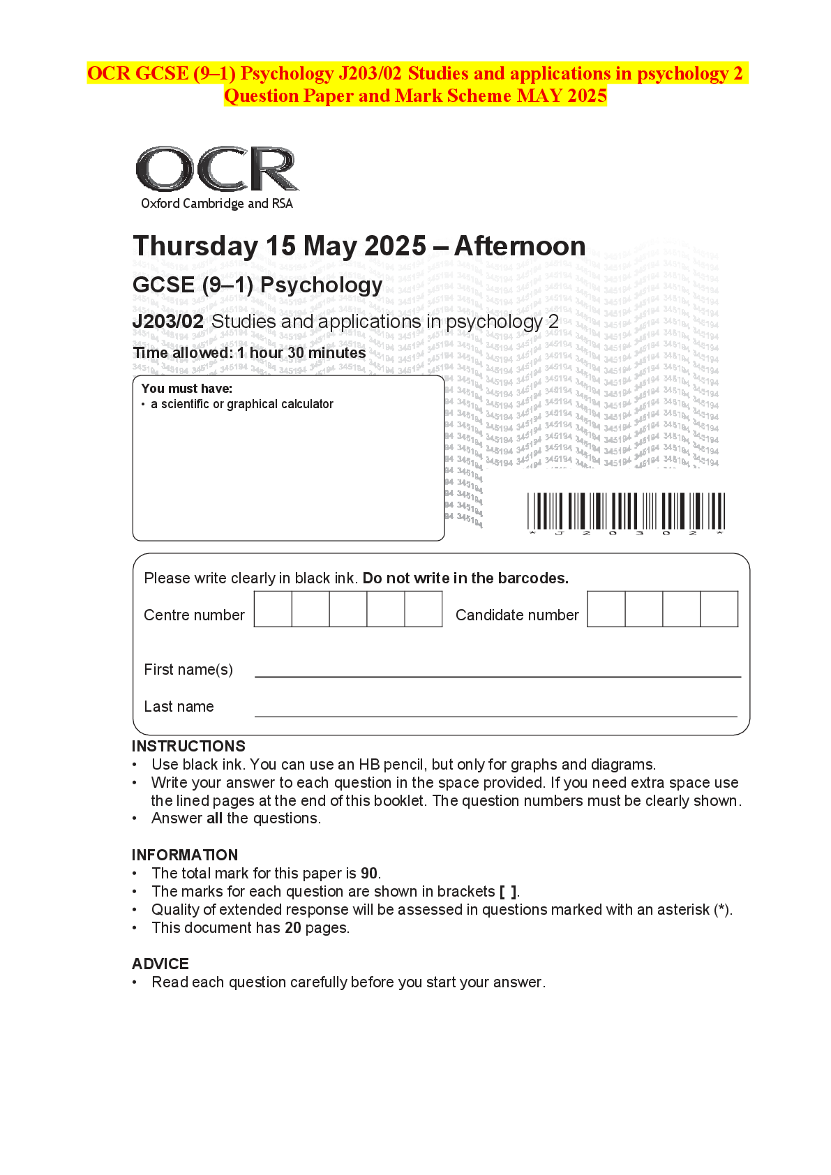 Recommended document preview for OCR GCSE (9–1) Psychology J203/02 Studies and applications in psychology 2 Question Paper and Mark Scheme MAY 2025