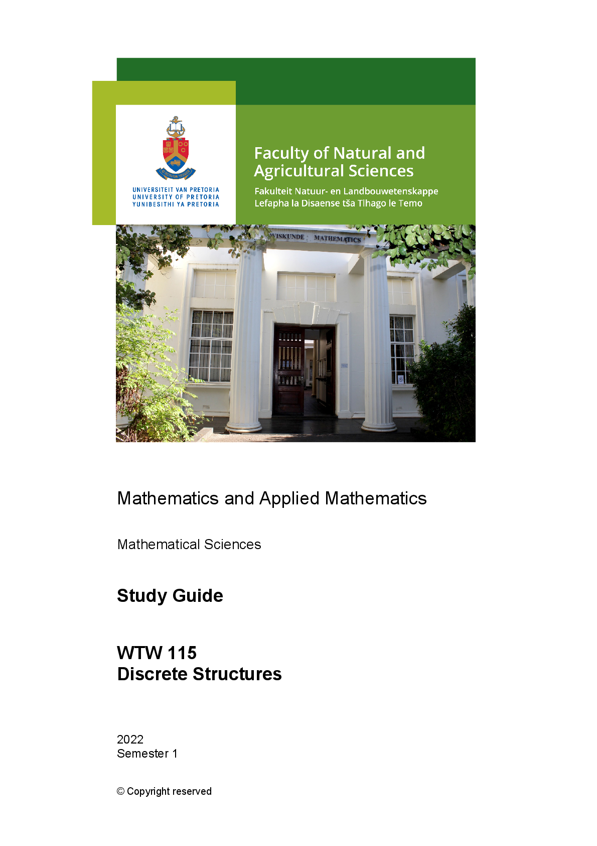 Recommended document preview for WTW 115 Discrete Structures Mathematics and Applied Mathematics Mathematical Sciences Study Guide -DEPARTMENT OF MATHEMATICS AND APPLIED MATHEMATICS