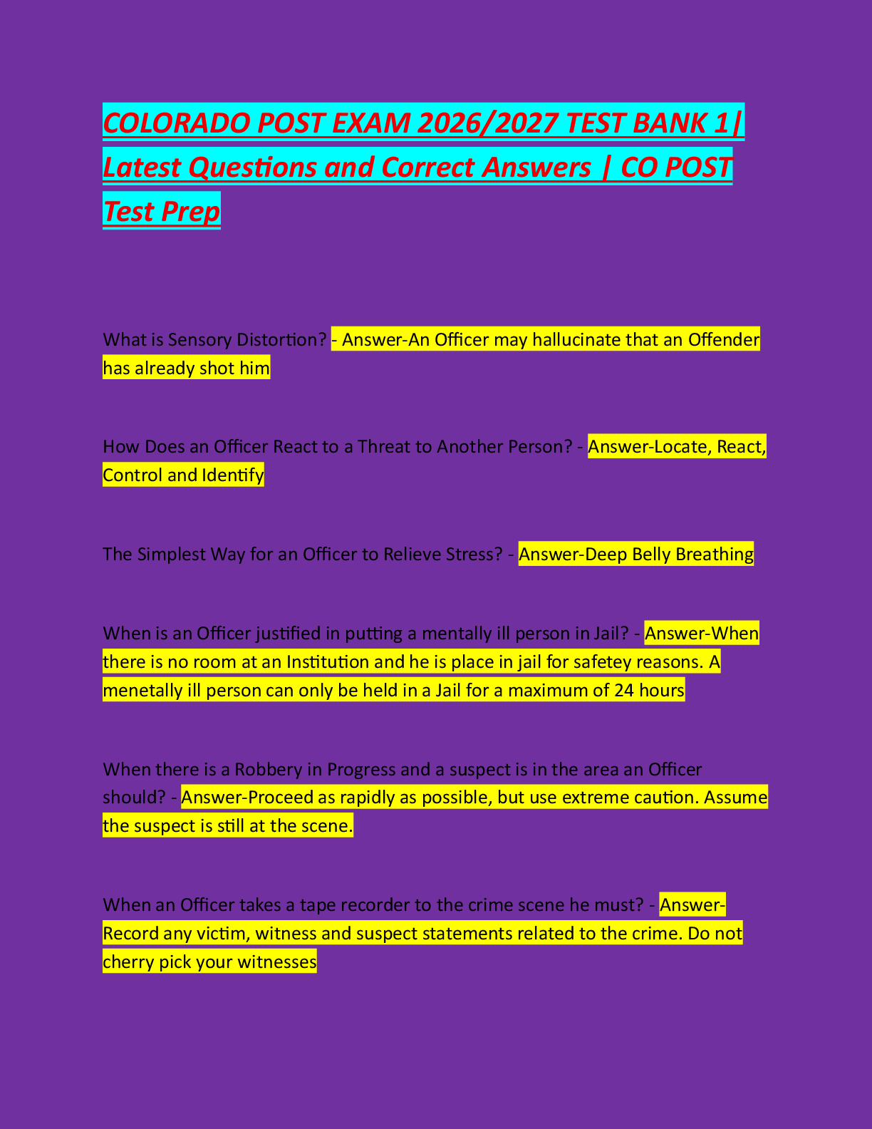 Recommended document preview for COLORADO POST EXAM 2026/2027 TEST BANK 1|  Latest Questions and Correct Answers | CO POST  Test Prep