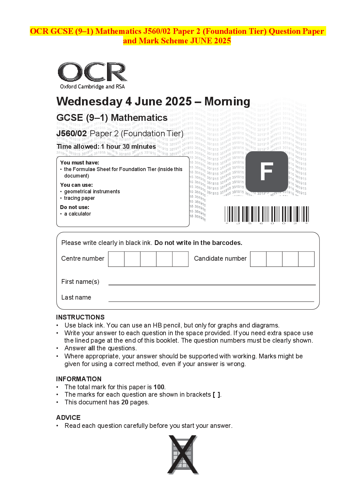 Recommended document preview for OCR GCSE (9–1) Mathematics J560/02 Paper 2 (Foundation Tier) Question Paper and Mark Scheme JUNE 2025