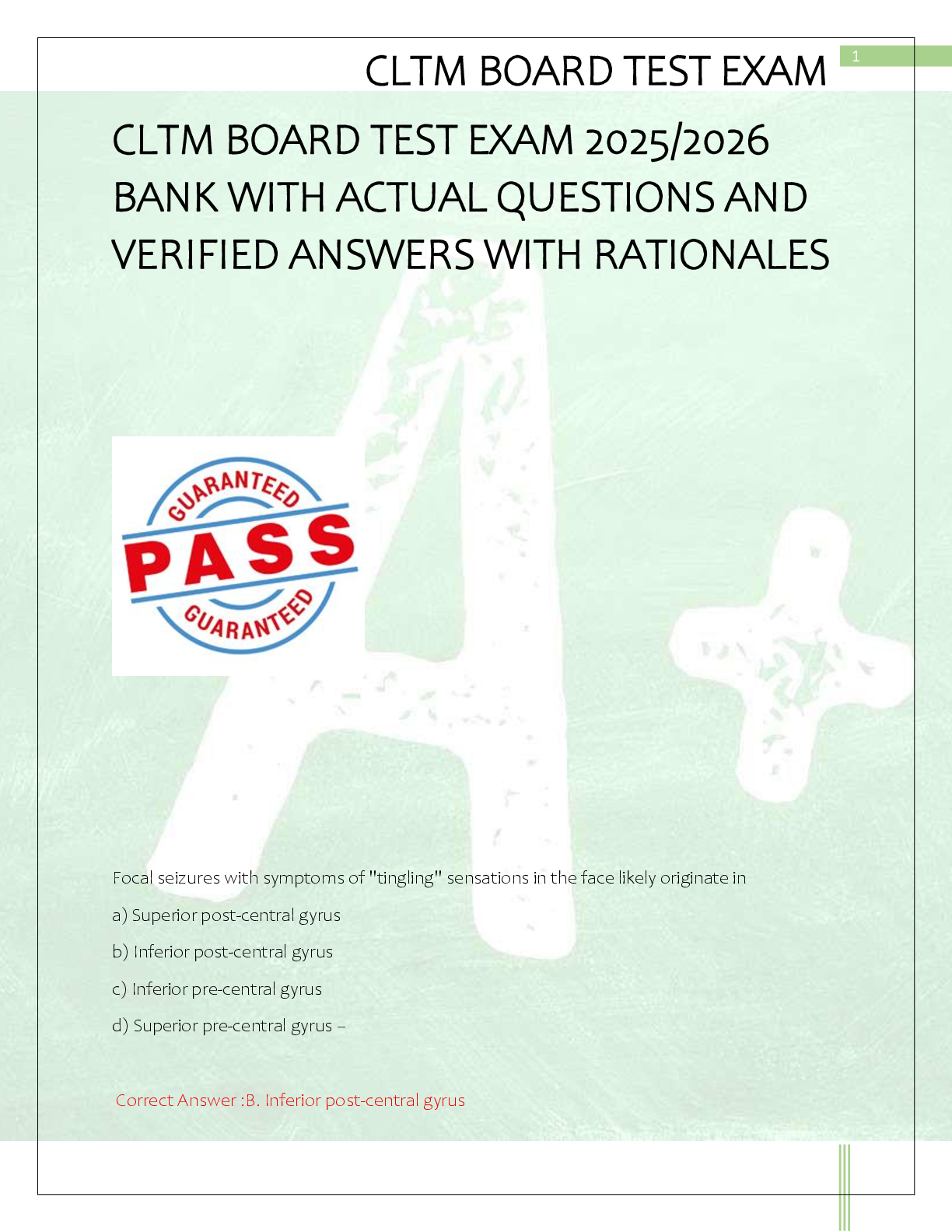 Recommended document preview for CLTM BOARD TEST EXAM 2025/2026  BANK WITH ACTUAL QUESTIONS AND  VERIFIED ANSWERS WITH RATIONALES