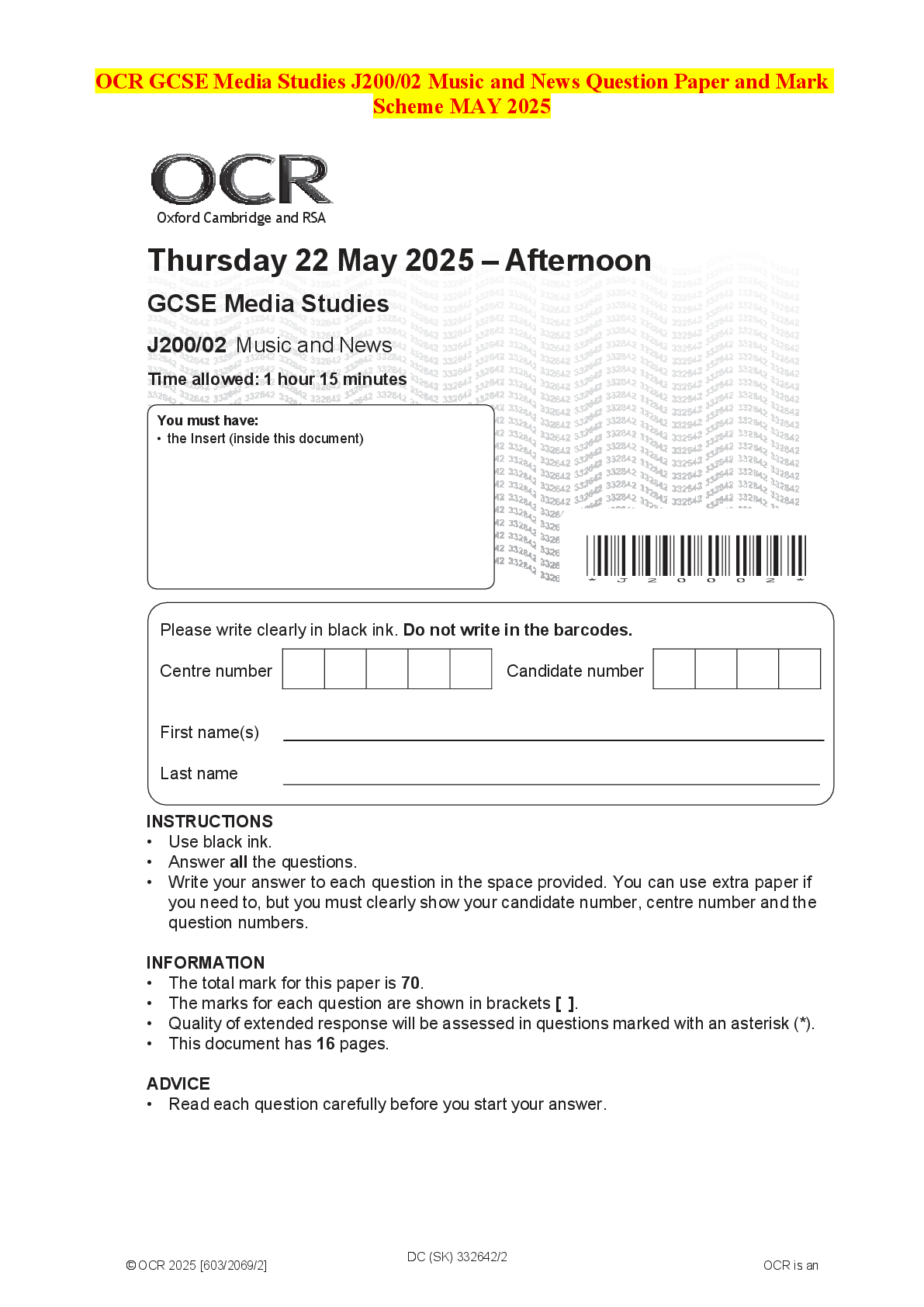Recommended document preview for OCR GCSE Media Studies J200/02 Music and News Question Paper and Mark Scheme MAY 2025