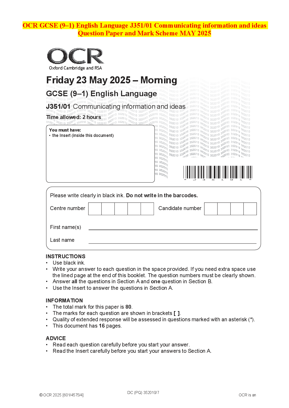 Recommended document preview for OCR GCSE (9–1) English Language J351/01 Communicating information and ideas Question Paper and Mark Scheme MAY 2025