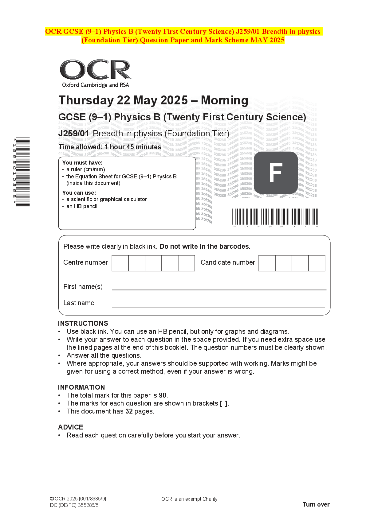 Recommended document preview for OCR GCSE (9–1) Physics B (Twenty First Century Science) J259/01 Breadth in physics (Foundation Tier) Question Paper and Mark Scheme MAY 2025