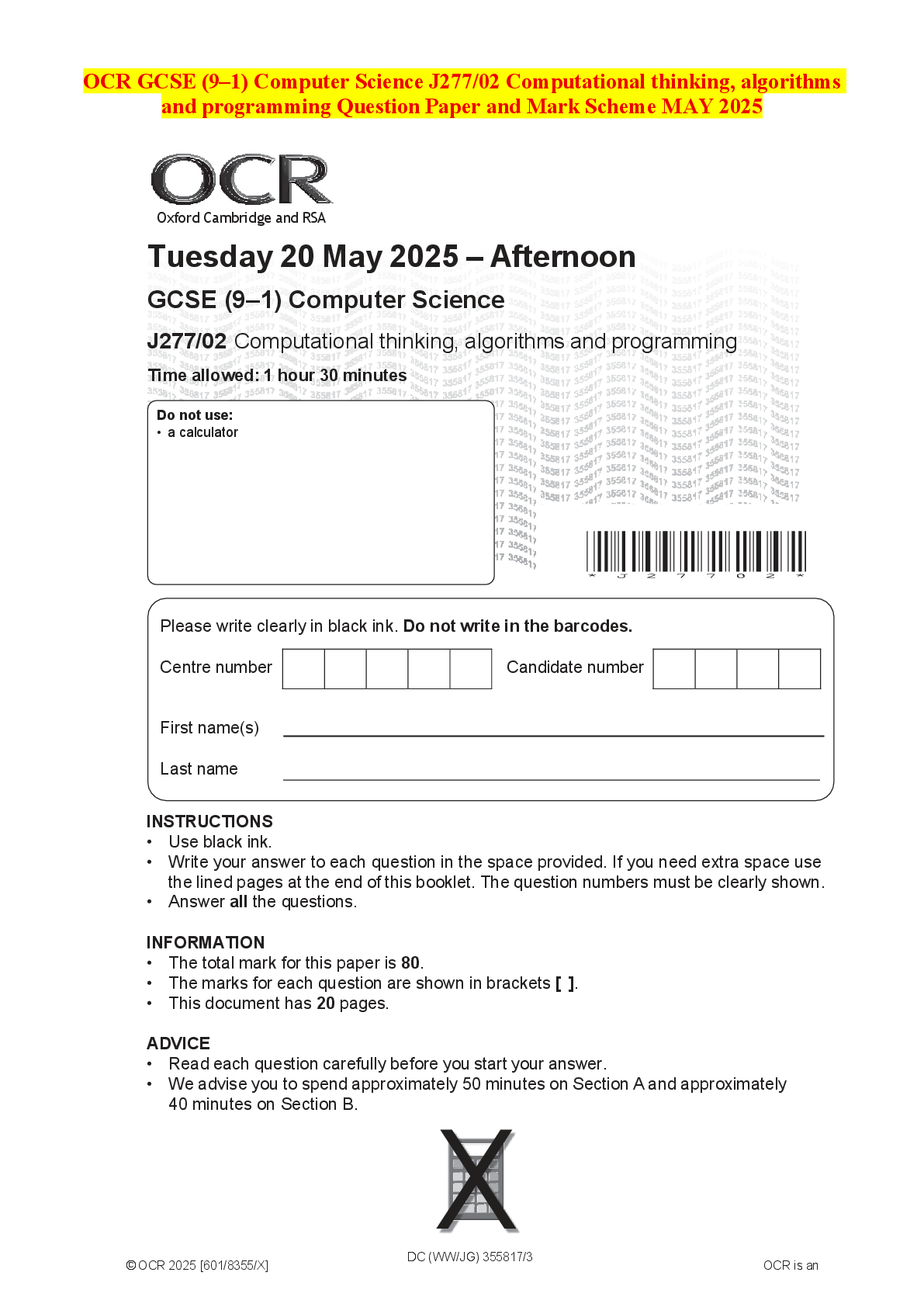 Recommended document preview for OCR GCSE (9–1) Computer Science J277/02 Computational thinking, algorithms and programming Question Paper and Mark Scheme MAY 2025