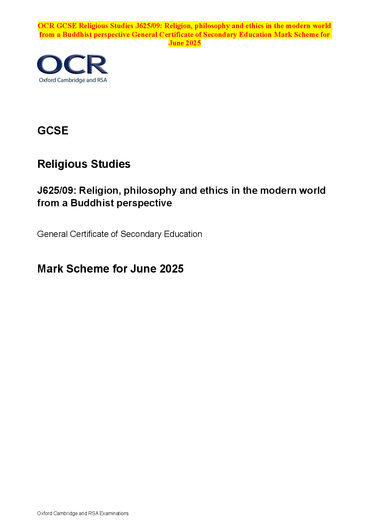 Recommended document preview for OCR GCSE (9-1) History B Schools History Project J411/39: The Making of America, 1789-1900 with Living under Nazi Rule, 1933-1945 General Certificate of Secondary Education Mark Scheme for June 2025