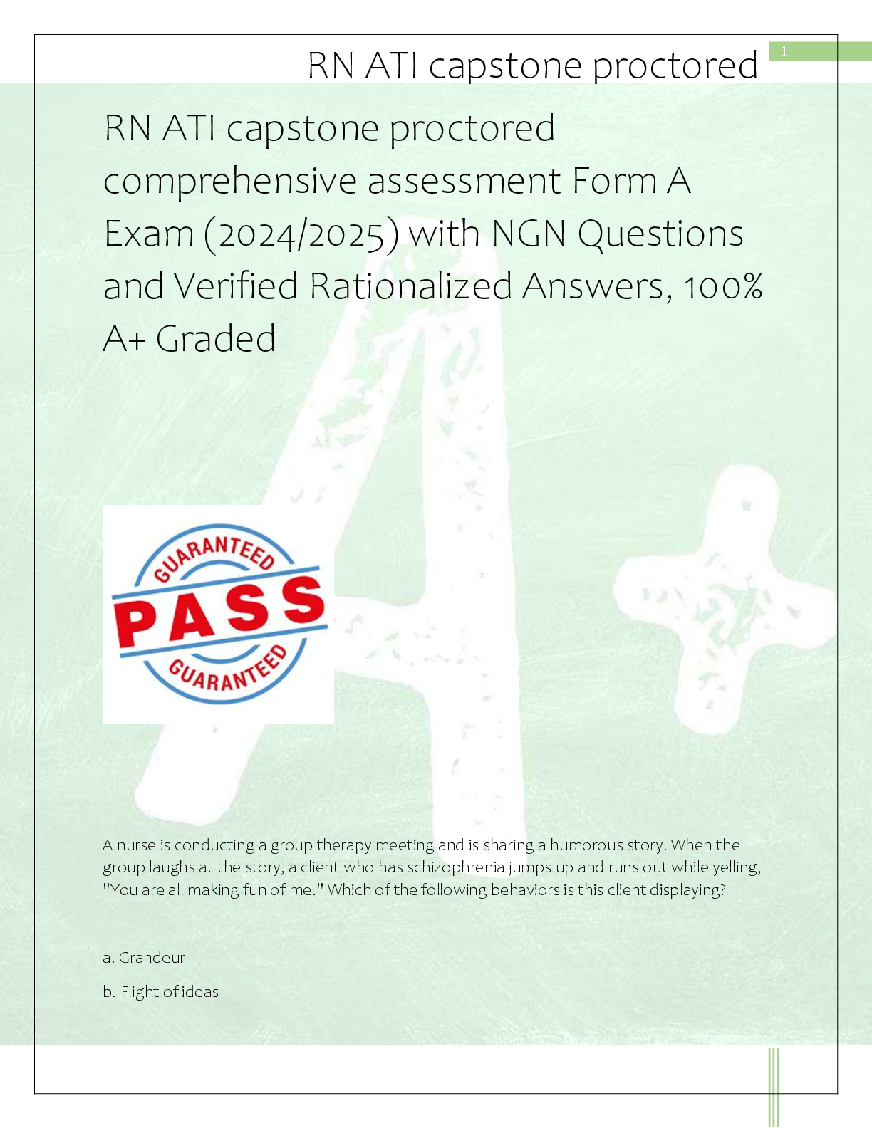 Recommended document preview for RN ATI capstone proctored  comprehensive assessment Form A  Exam (2024/2025) with NGN Questions  and Verified Rationalized Answers, 100%  A+ Graded