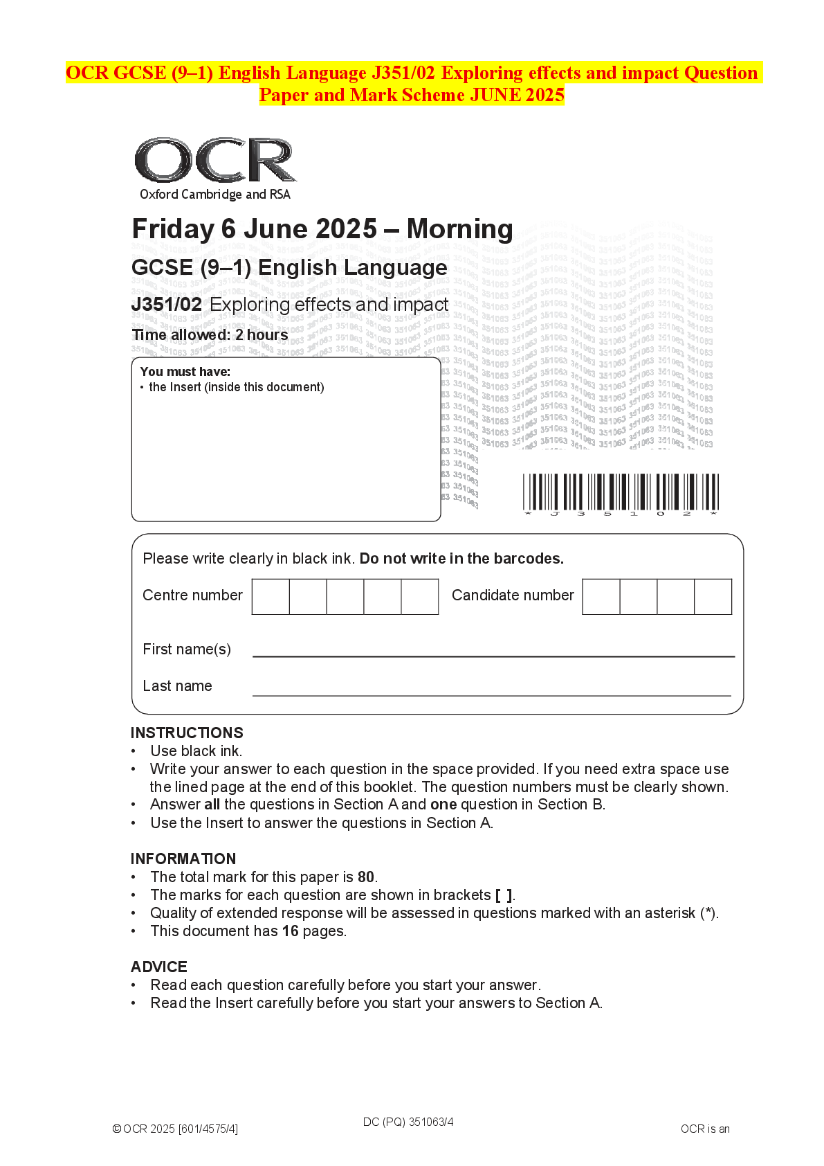 Recommended document preview for OCR GCSE (9–1) English Language J351/02 Exploring effects and impact Question Paper and Mark Scheme JUNE 2025