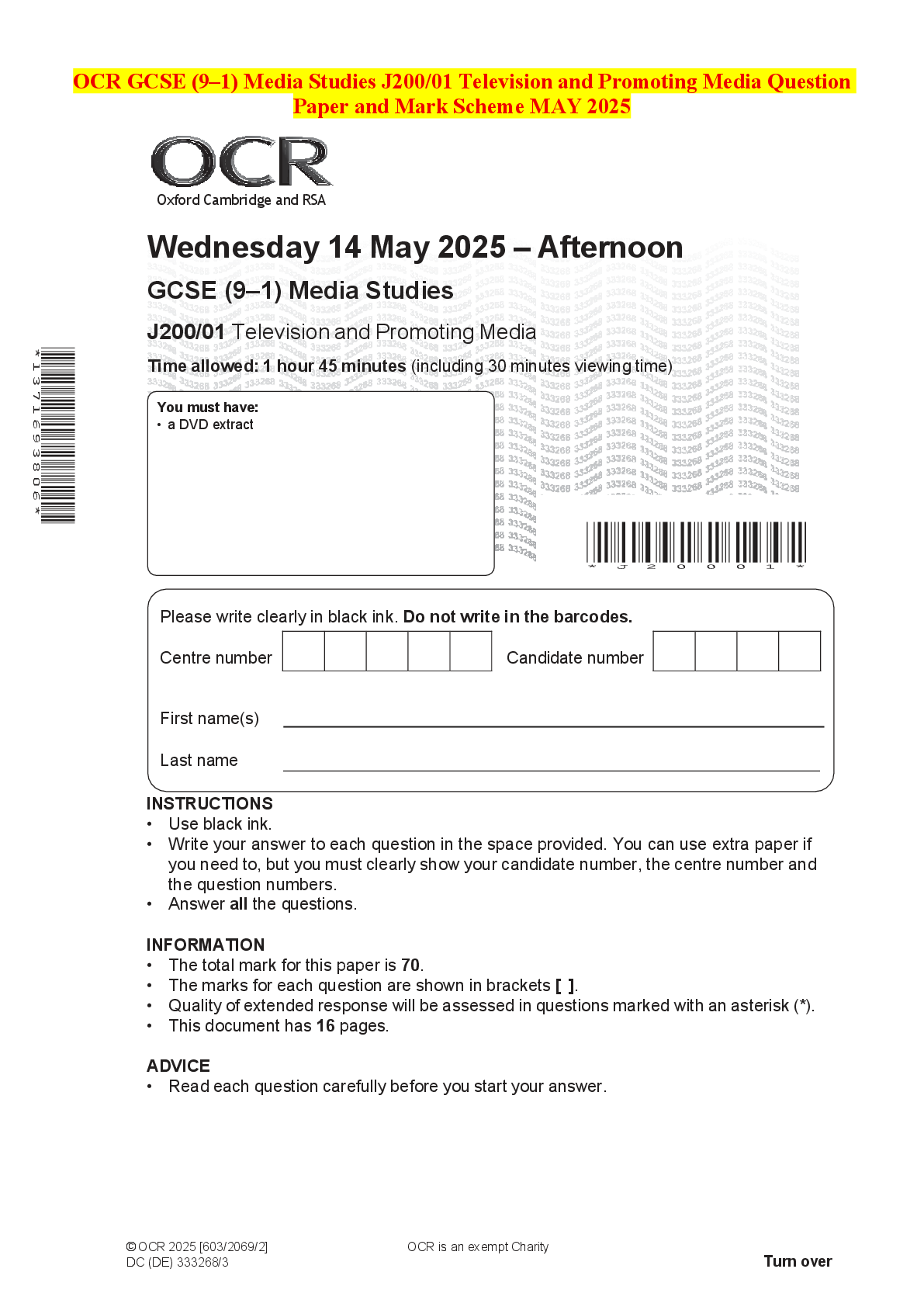 Recommended document preview for OCR GCSE (9–1) Media Studies J200/01 Television and Promoting Media Question Paper and Mark Scheme MAY 2025