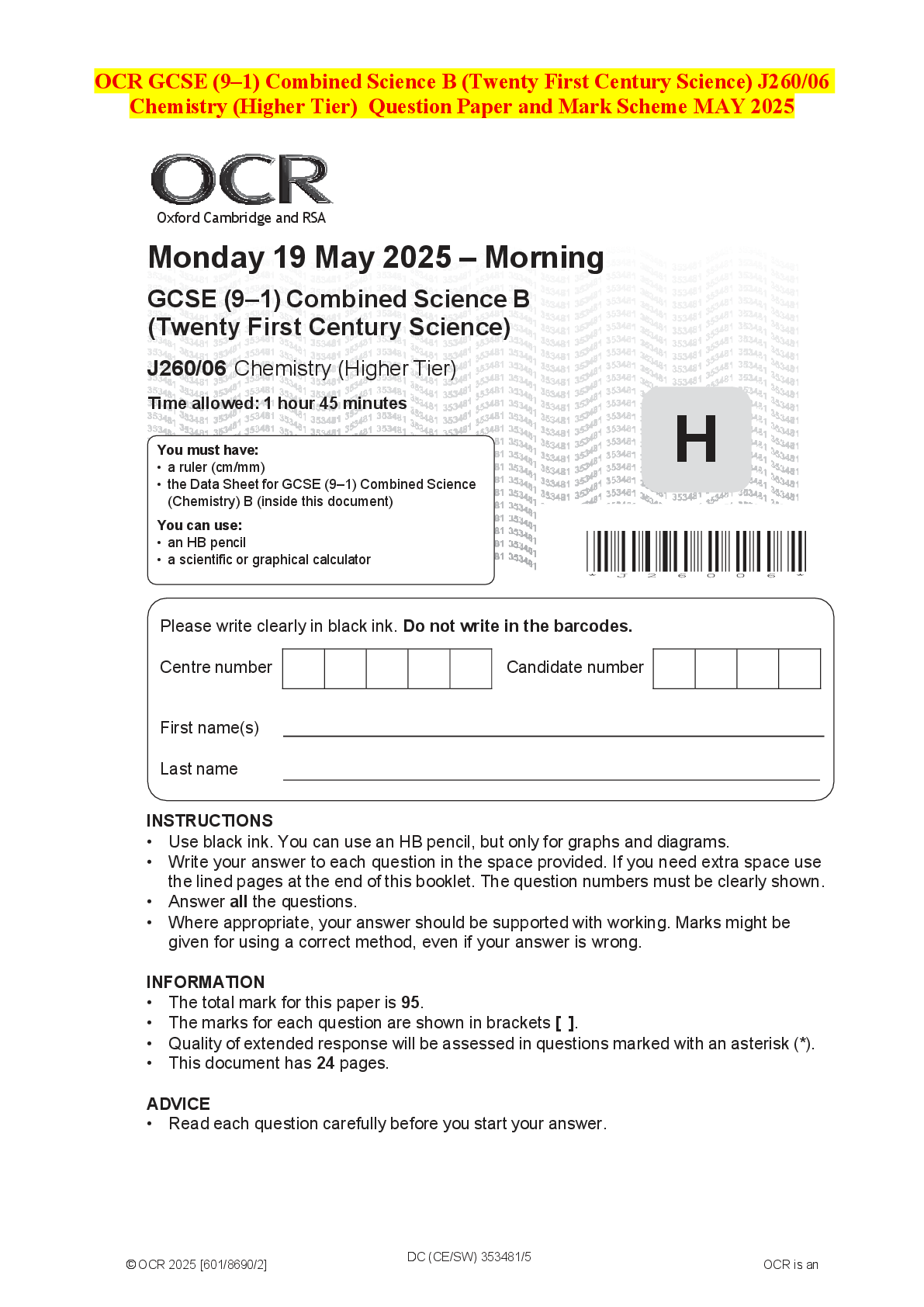 Recommended document preview for OCR GCSE (9–1) Combined Science B (Twenty First Century Science) J260/06 Chemistry (Higher Tier) Question Paper and Mark Scheme MAY 2025