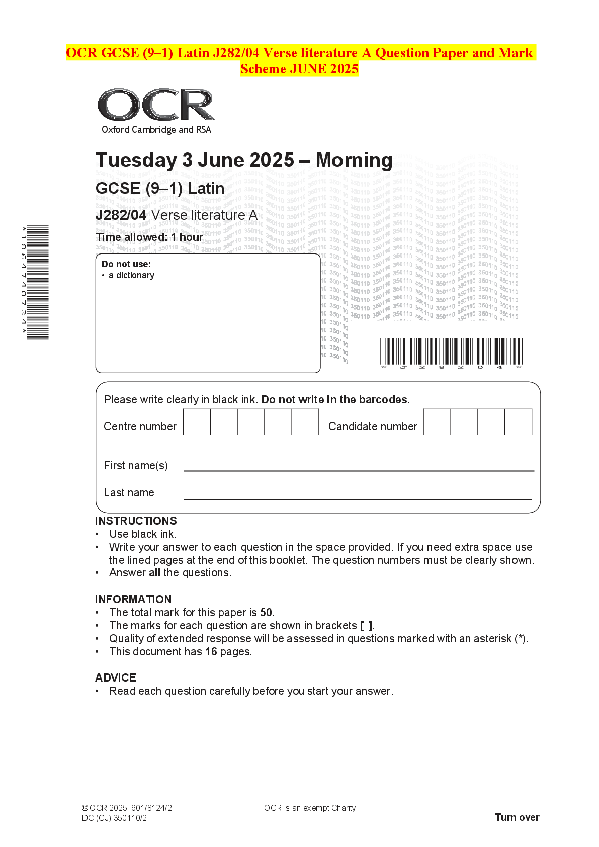 Recommended document preview for OCR GCSE (9–1) Latin J282/04 Verse literature A Question Paper and Mark Scheme JUNE 2025