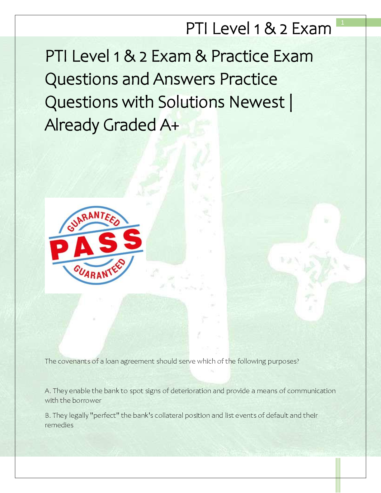 Preview of PTI Level 1 & 2 Exam & Practice Exam  Questions and Answers Practice  Questions with Solut
