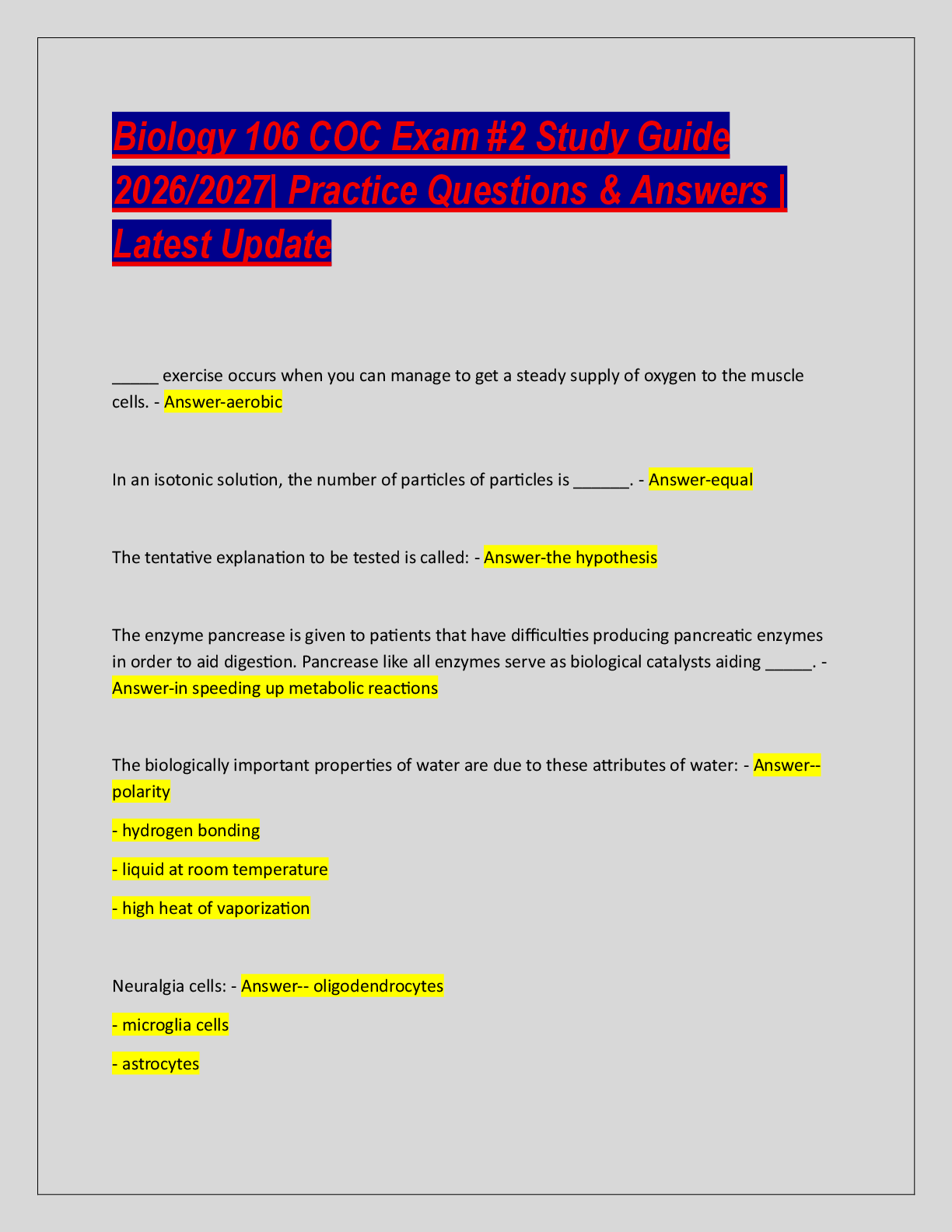 Recommended document preview for Biology 106 COC Exam #2 Study Guide  2026/2027| Practice Questions & Answers |  Latest Update