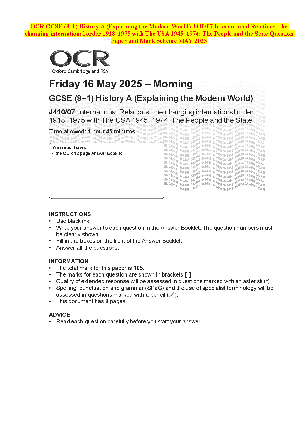 Recommended document preview for OCR GCSE (9–1) History A (Explaining the Modern World) J410/07 International Relations: the changing international order 1918–1975 with The USA 1945–1974: The People and the State Question Paper and Mark Scheme MAY 2025
