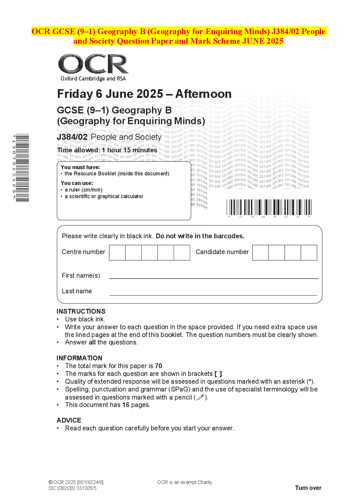 Recommended document preview for OCR GCSE (9–1) Geography B (Geography for Enquiring Minds) J384/02 People and Society Question Paper and Mark Scheme JUNE 2025