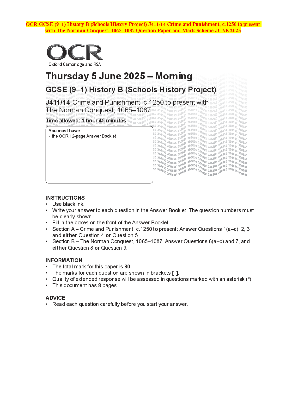 Recommended document preview for OCR GCSE (9–1) History B (Schools History Project) J411/14 Crime and Punishment, c.1250 to present with The Norman Conquest, 1065–1087 Question Paper and Mark Scheme JUNE 2025