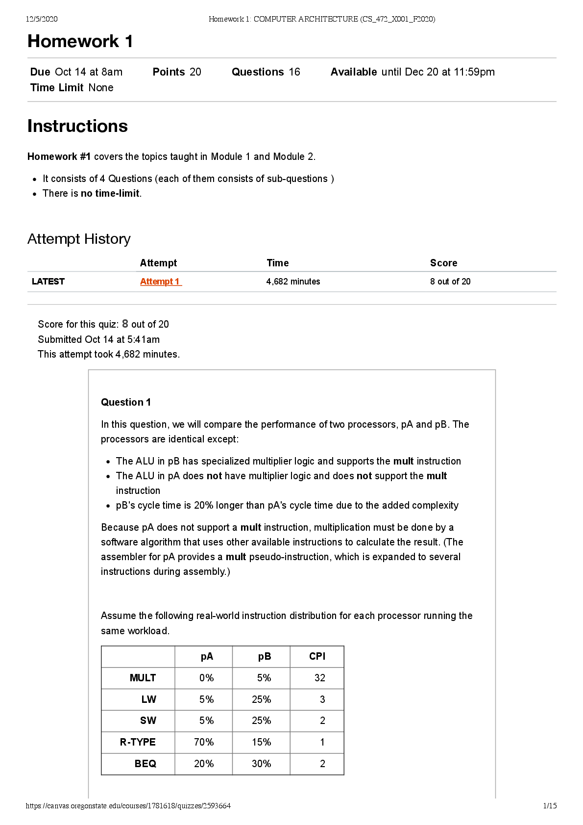 Preview of COMPUTER ARCHITECTURE (CS_472 Homework 1 Correct Answers Indicated