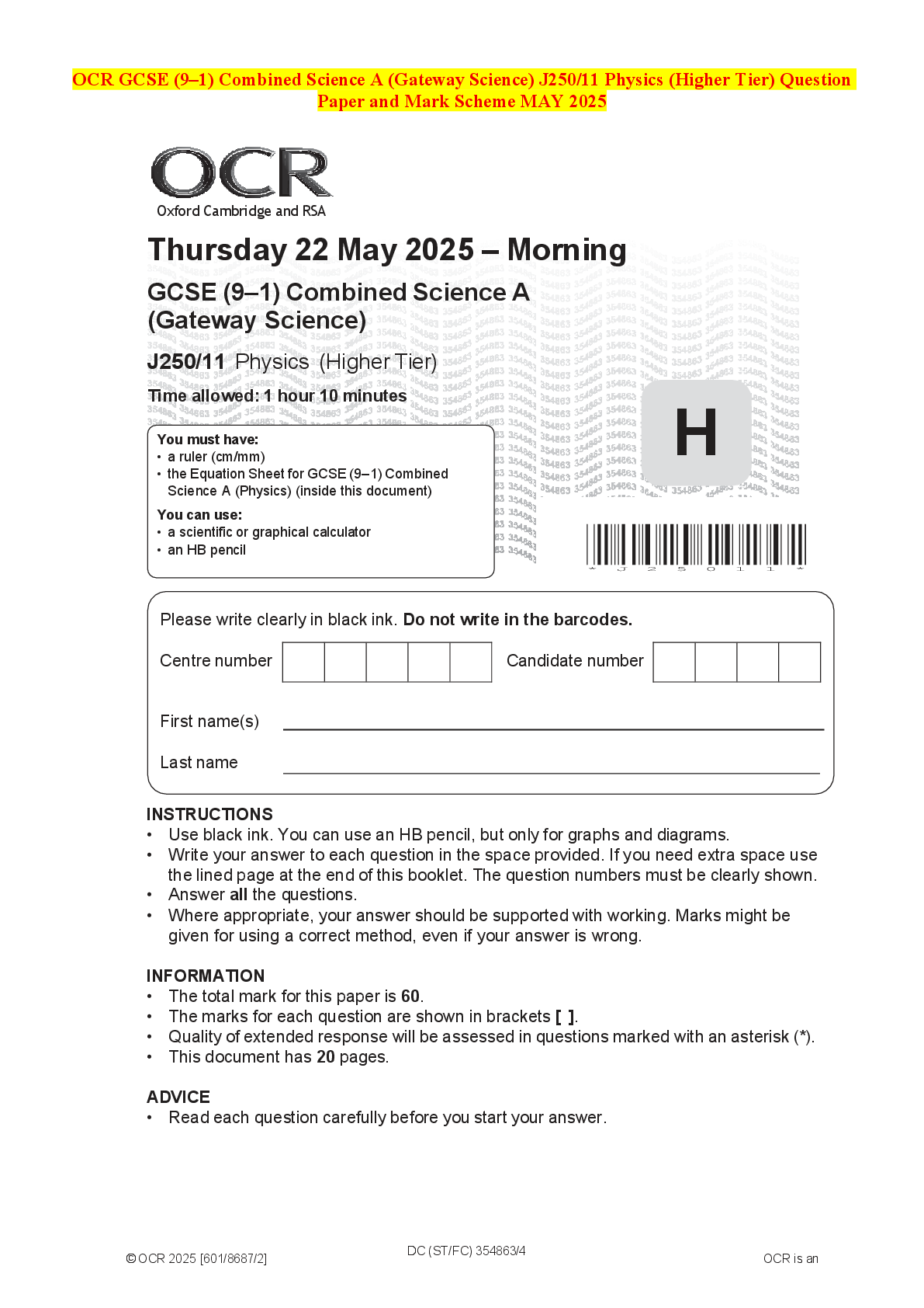 Recommended document preview for OCR GCSE (9–1) Combined Science A (Gateway Science) J250/11 Physics (Higher Tier) Question Paper and Mark Scheme MAY 2025