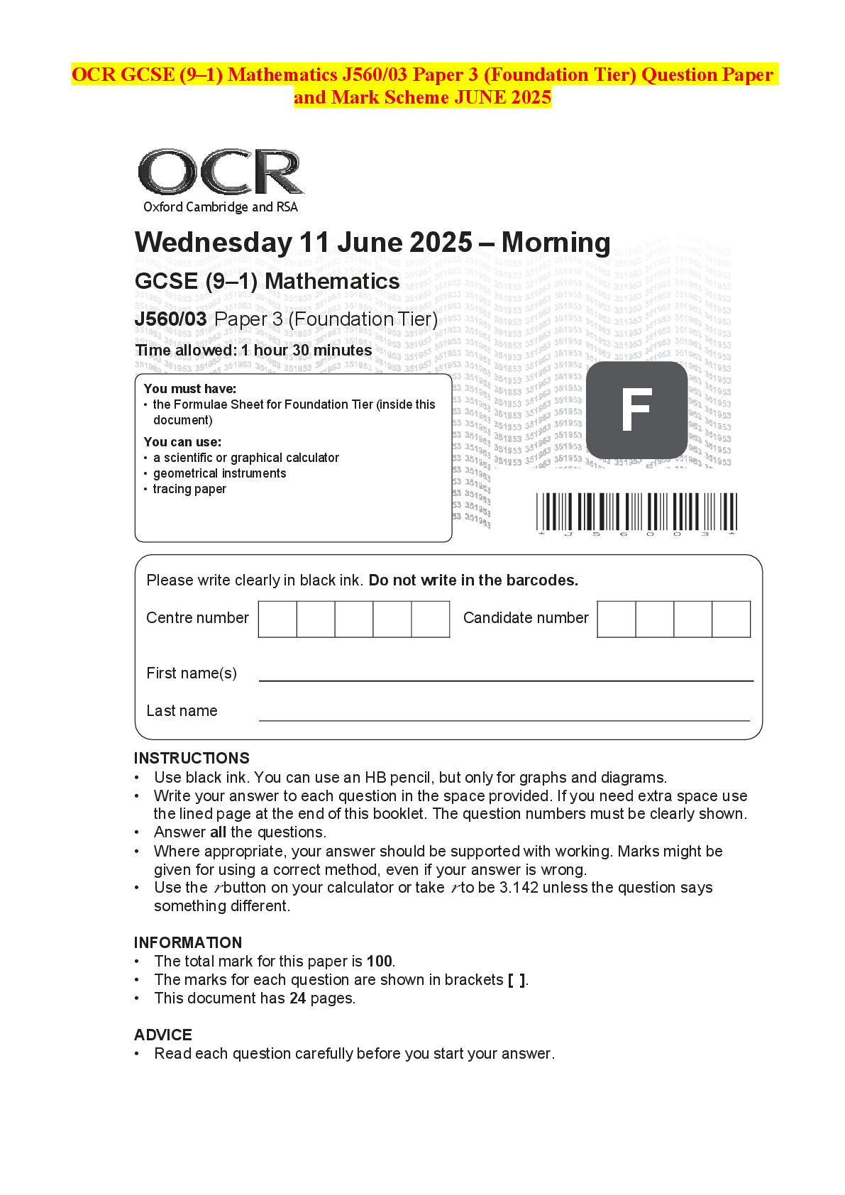 Recommended document preview for OCR GCSE (9–1) Mathematics J560/03 Paper 3 (Foundation Tier) Question Paper and Mark Scheme JUNE 2025