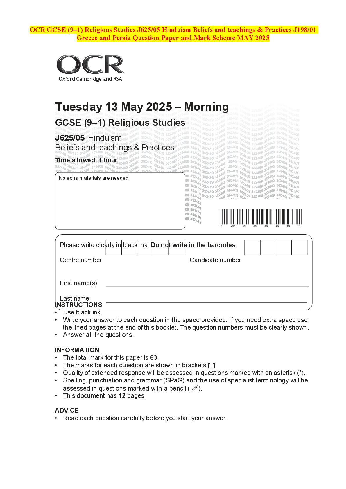 Recommended document preview for OCR GCSE (9–1) Religious Studies J625/05 Hinduism Beliefs and teachings & Practices J198/01 Greece and Persia Question Paper and Mark Scheme MAY 2025