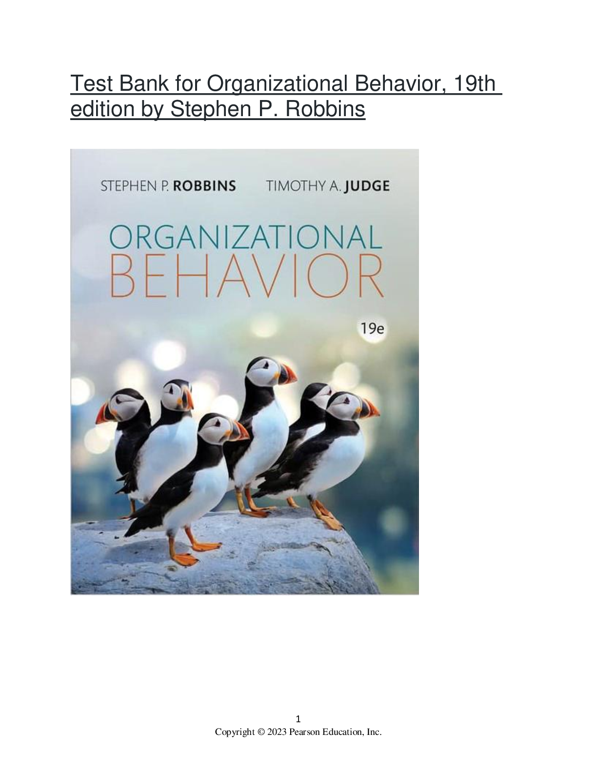 Preview of Test Bank for Organizational Behavior, 19th edition by Stephen P. Robbins
