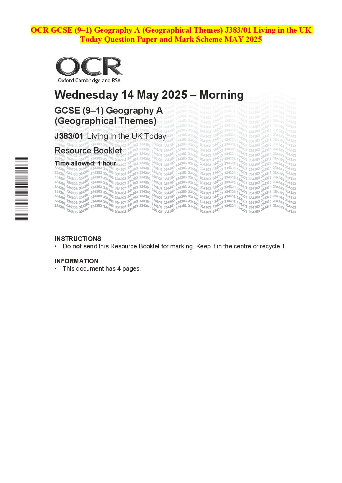Recommended document preview for OCR GCSE (9–1) Geography A (Geographical Themes) J383/01 Living in the UK Today Question Paper and Mark Scheme MAY 2025
