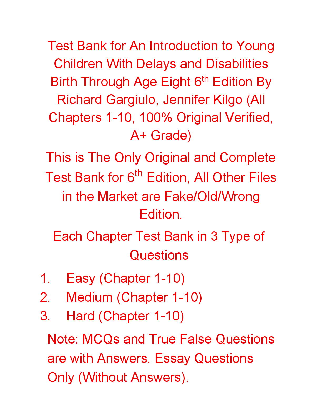Recommended document preview for Test Bank An Introduction to Young Children With Delays and Disabilities Birth Through Age Eight 6th Edition By Richard Gargiulo, Jennifer Kilgo